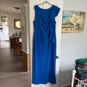 Adrianna Papell Cobalt One-Shoulder Ruffle Gown